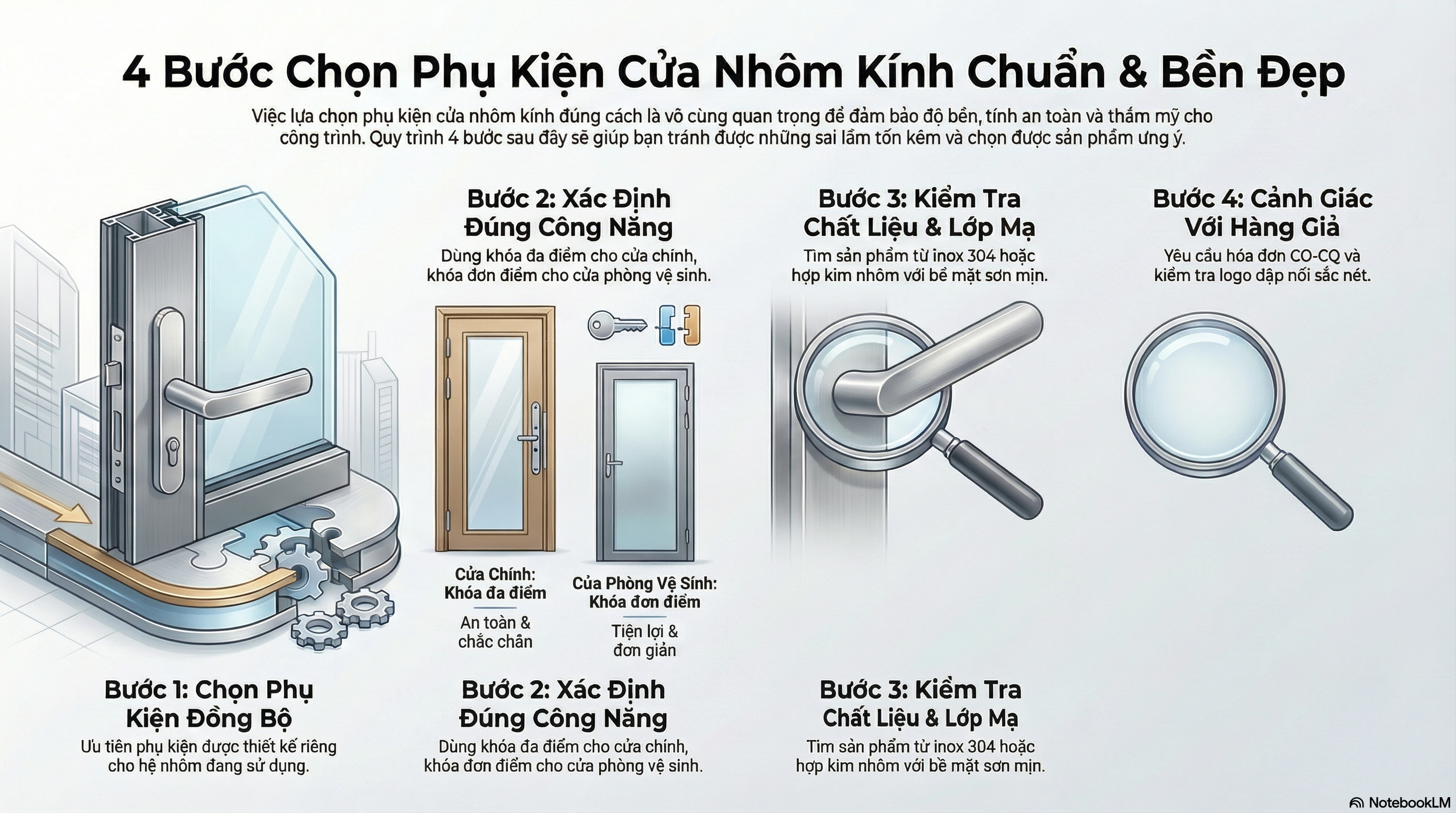 4 bước chọn phụ kiện cửa nhôm kính bền đẹp